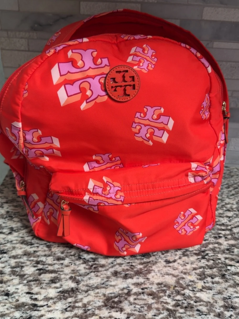 Tory Burch Red Backpack with Pink Logo Motif
